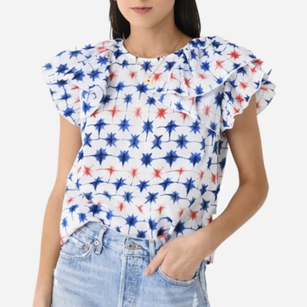 Patriotic Star Print Ruffle Sleeve Cotton Top Red White Blue Womens Med